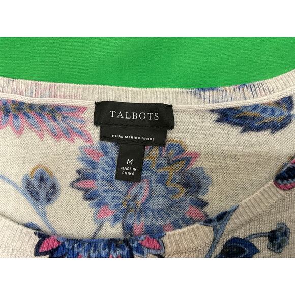 Talbots Merino Wool Blue Gray Paisley Floral Puff Sleeve Crewneck Sweater M - Picture 9 of 9